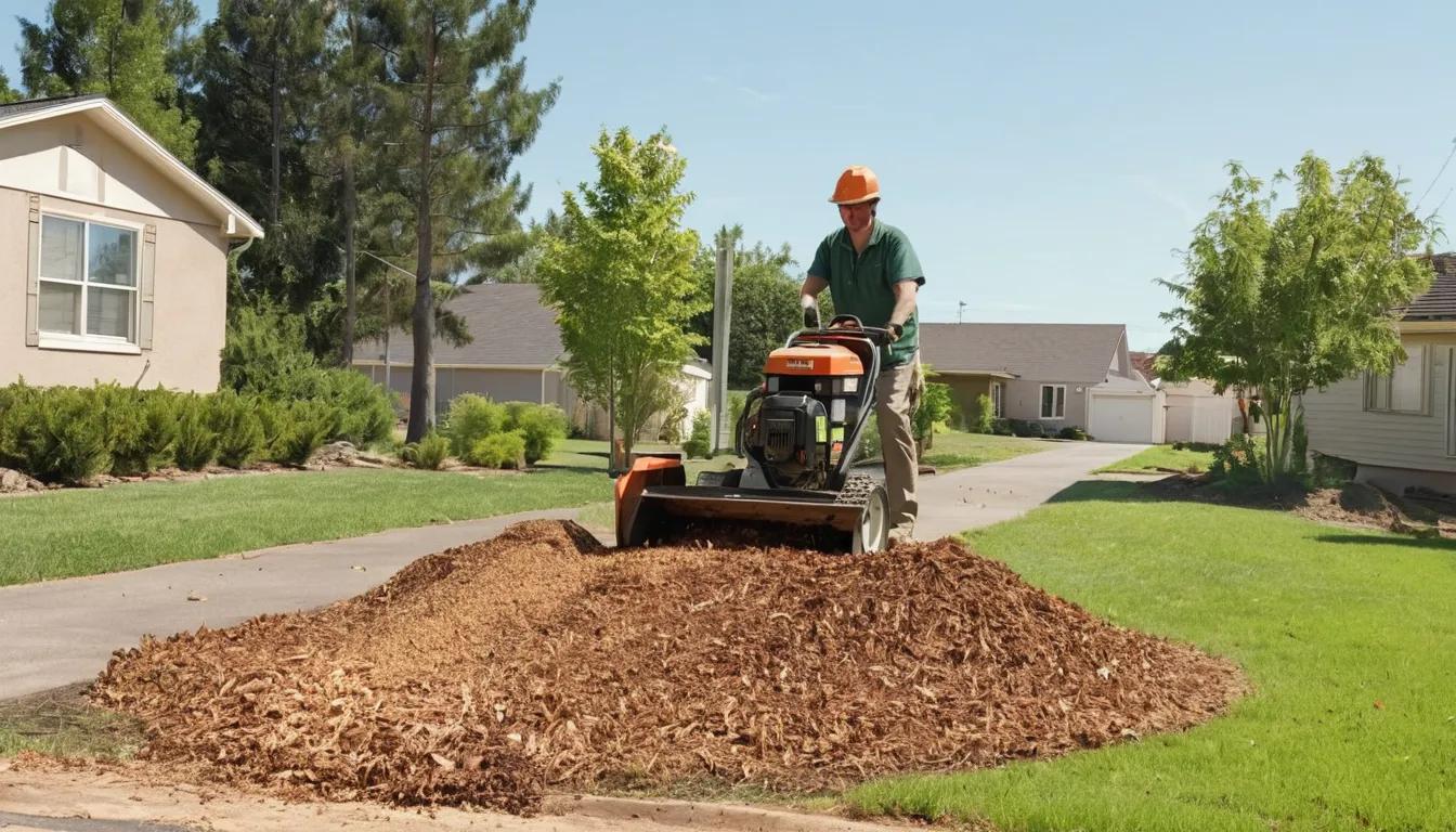 Stump grinding in a neighborhood yard near Charlotte